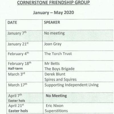Cornerstone Friendship Group Programme Jan-May 20